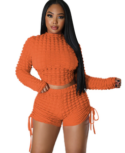 Puffy Popcorn 2 Piece Sets Women Outfits Lace Up Backless Long Sleeve Crop Top Drawstring Shorts Sexy Suit Tracksuits