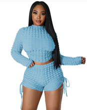 Load image into Gallery viewer, Puffy Popcorn 2 Piece Sets Women Outfits Lace Up Backless Long Sleeve Crop Top Drawstring Shorts Sexy Suit Tracksuits
