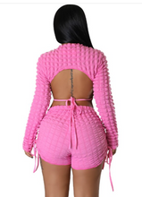 Load image into Gallery viewer, Puffy Popcorn 2 Piece Sets Women Outfits Lace Up Backless Long Sleeve Crop Top Drawstring Shorts Sexy Suit Tracksuits
