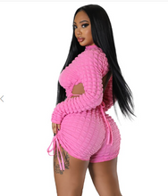 Load image into Gallery viewer, Puffy Popcorn 2 Piece Sets Women Outfits Lace Up Backless Long Sleeve Crop Top Drawstring Shorts Sexy Suit Tracksuits
