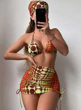 Load image into Gallery viewer, 4 Pieces Dot Print Tie Side Halter Bikini Swimsuit &amp; Beach Skirt Swimwear Women Bathing Swimming Suit Female
