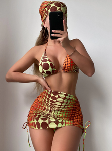 4 Pieces Dot Print Tie Side Halter Bikini Swimsuit & Beach Skirt Swimwear Women Bathing Swimming Suit Female