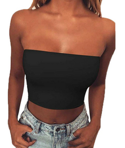 Women Strapless Crop Top Solid Color Elastic Bandeau Tube Tops Shirt Cami Tops