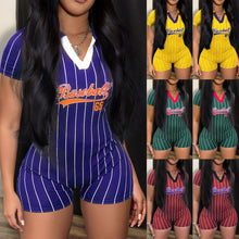 Load image into Gallery viewer, Rompers Womens Jumpsuit Summer Sports Wear Outfit Sexy V Neck Baseball Letter Print One Piece Tight Shorts Jumpsuit
