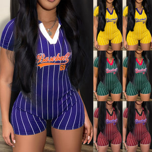 Rompers Womens Jumpsuit Summer Sports Wear Outfit Sexy V Neck Baseball Letter Print One Piece Tight Shorts Jumpsuit