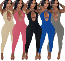 Load image into Gallery viewer, IslandGirl Dream Solid Lace Up Halter Jumpsuit Women Sexy Deep V Neck Backless Summer Tracksuit
