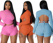 Load image into Gallery viewer, Puffy Popcorn 2 Piece Sets Women Outfits Lace Up Backless Long Sleeve Crop Top Drawstring Shorts Sexy Suit Tracksuits
