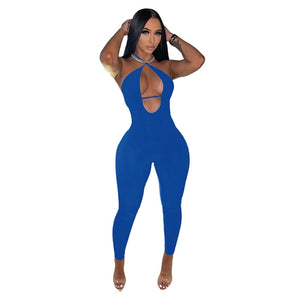 IslandGirl Dream Solid Lace Up Halter Jumpsuit Women Sexy Deep V Neck Backless Summer Tracksuit