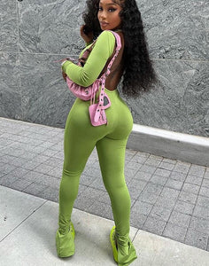 Green Long Sleeve Backless Stacked Jumpsuit Slit Bodycon Sexy Streetwear Casual Rompers Club Outfits