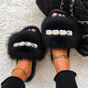 Bling Diamond Fox Raccoon Fur Slides Crystal Slippers