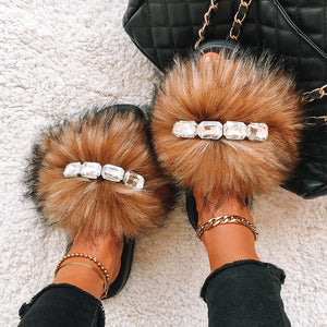 Bling Diamond Fox Raccoon Fur Slides Crystal Slippers