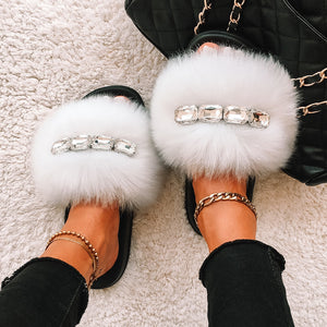 Bling Diamond Fox Raccoon Fur Slides Crystal Slippers