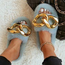 Load image into Gallery viewer, Furry Fur Gold Chain Plush Fluffy Flip Flops Faux Fur Slippers
