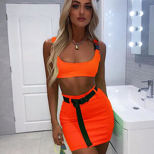 Fluorescent Buckle Tank Skirt Set