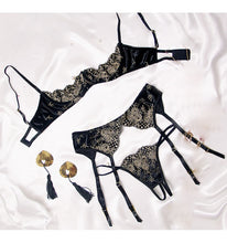 Load image into Gallery viewer, Velvet Gold Embroidery Thong Bra Lingerie Set
