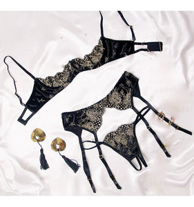 Velvet Gold Embroidery Thong Bra Lingerie Set