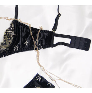 Velvet Gold Embroidery Thong Bra Lingerie Set