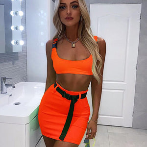 Fluorescent Buckle Tank Skirt Set