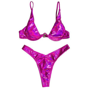 Brazilian Holographic Shiny Metallic Swimsuit Push Up Triangle