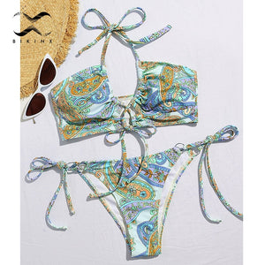 Vintage print bandeau swimsuit women's swimming suit halter push up bikini swimwear sexy bathing suit