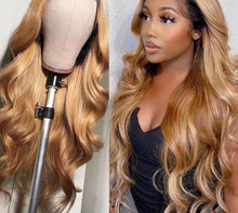 Load image into Gallery viewer, Peruvian Honey Blonde Ombre Human Hair Body Wave Transparent Lace Frontal Wig
