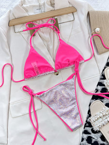 Swimsuit Shiny Silver and Pink Bikini New