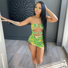 Load image into Gallery viewer, Lime Green Print Bandage Drawstring Mini Dress
