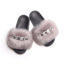 Load image into Gallery viewer, Bling Diamond Fox Raccoon Fur Slides Crystal Slippers
