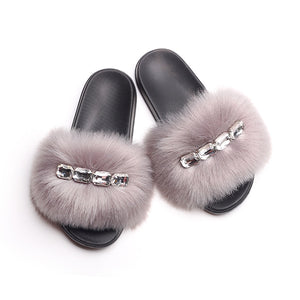 Bling Diamond Fox Raccoon Fur Slides Crystal Slippers