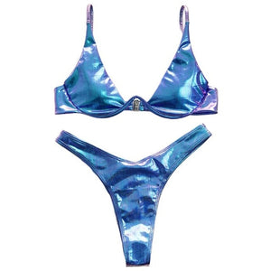 Brazilian Holographic Shiny Metallic Swimsuit Push Up Triangle