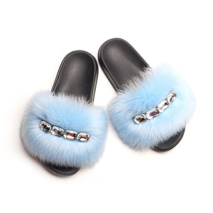 Bling Diamond Fox Raccoon Fur Slides Crystal Slippers