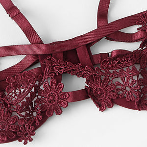 Burgundy Embroidery 2 Pcs Transparent Bra Set