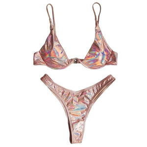 Brazilian Holographic Shiny Metallic Swimsuit Push Up Triangle