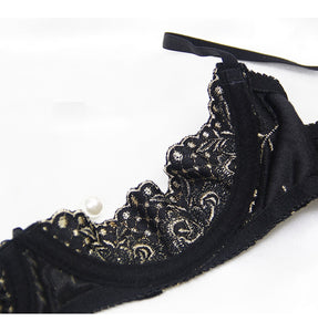 Velvet Gold Embroidery Thong Bra Lingerie Set