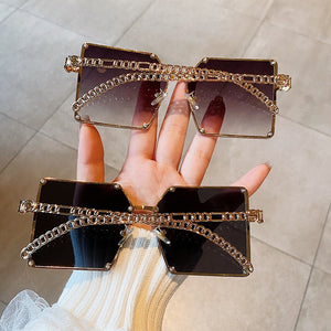 New Fashion Oversize Gradient Sunglasses For Women Chain Frame Rivet Square Elegant Shades