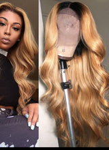 Load image into Gallery viewer, Peruvian Honey Blonde Ombre Human Hair Body Wave Transparent Lace Frontal Wig
