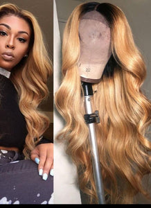 Peruvian Honey Blonde Ombre Human Hair Body Wave Transparent Lace Frontal Wig