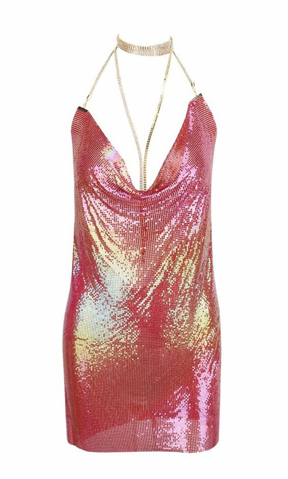 IslandGirl Shiny Intentions Backless Sequin Metal Chain Rhinestone Mini Dress