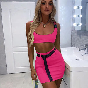 Fluorescent Buckle Tank Skirt Set