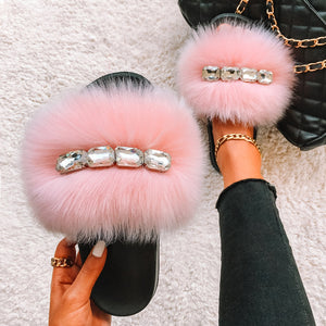 Bling Diamond Fox Raccoon Fur Slides Crystal Slippers