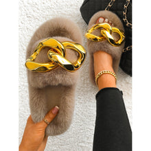 Load image into Gallery viewer, Furry Fur Gold Chain Plush Fluffy Flip Flops Faux Fur Slippers
