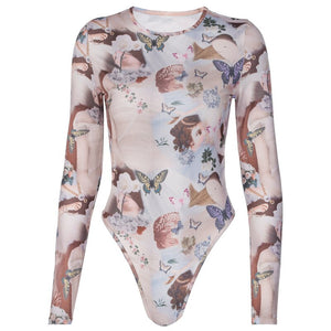 Butterfly Angel Printed Bodysuits Women Bodycon Slim Sexy Round-neck New Arrivals