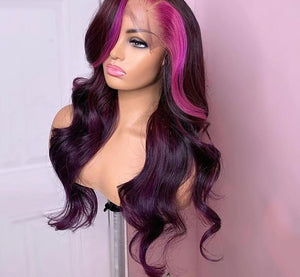 Virgin Peruvian Pink, Purple or Natural Colored Body Wave Transparent Lace Front Human Hair Wigs