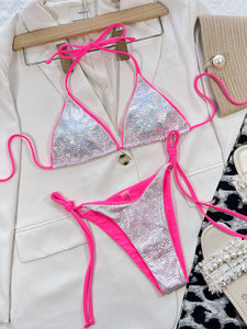 Swimsuit Shiny Silver and Pink Bikini New