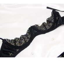 Load image into Gallery viewer, Velvet Gold Embroidery Thong Bra Lingerie Set
