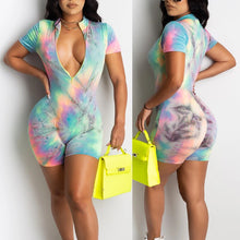 Load image into Gallery viewer, Turquoise Tie Dye Print Deep V-neck Zipper Sexy Bodysuit Shorts
