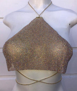 Sexy IslandGirl Halter Metal Chain Diamond Sparkling Bling Bralette Crop Tank Tops