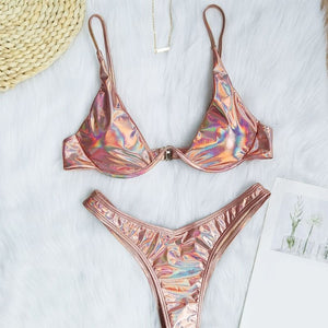 Brazilian Holographic Shiny Metallic Swimsuit Push Up Triangle