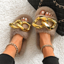 Load image into Gallery viewer, Furry Fur Gold Chain Plush Fluffy Flip Flops Faux Fur Slippers
