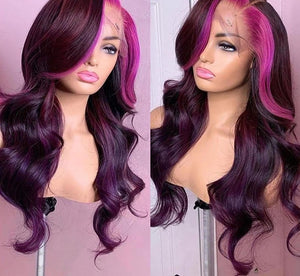 Virgin Peruvian Pink, Purple or Natural Colored Body Wave Transparent Lace Front Human Hair Wigs